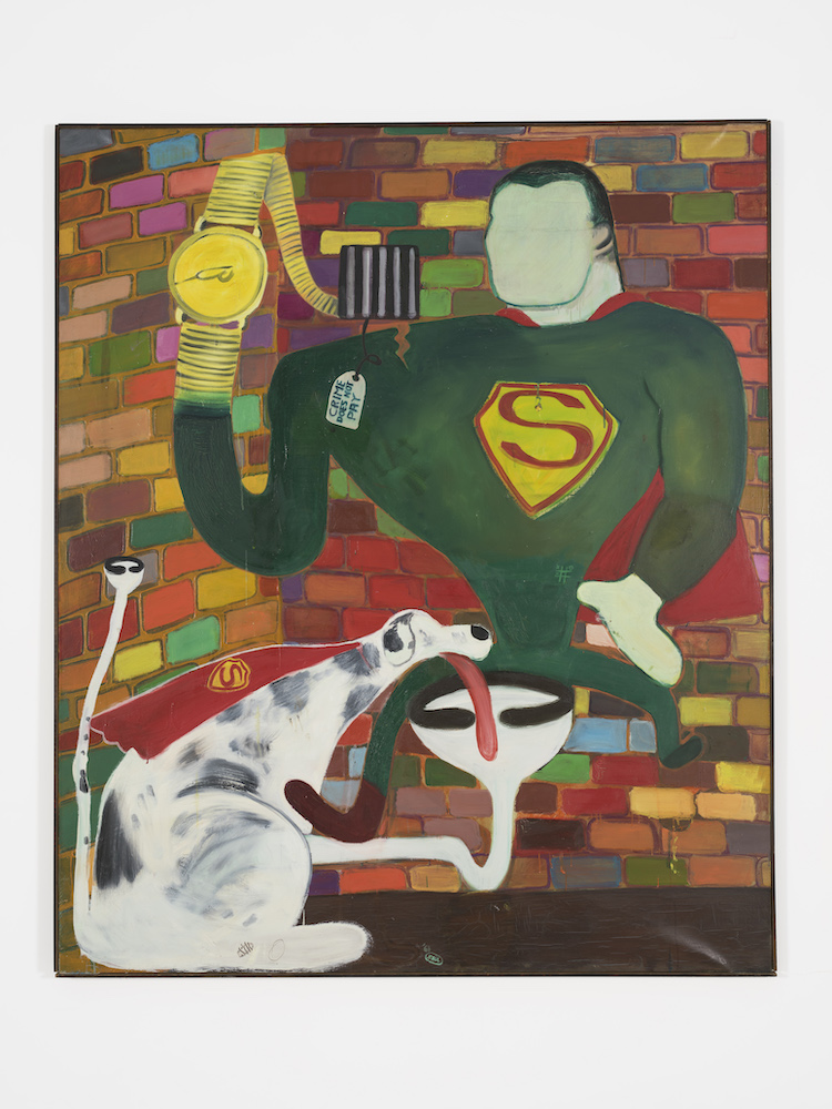 Peter Saul, Superman and Superdog in Jail, 1963. Oil on canvas, 75 x 63 in (190.5 x 160 cm). Collection KAWS. Photo: Farzad Owrang